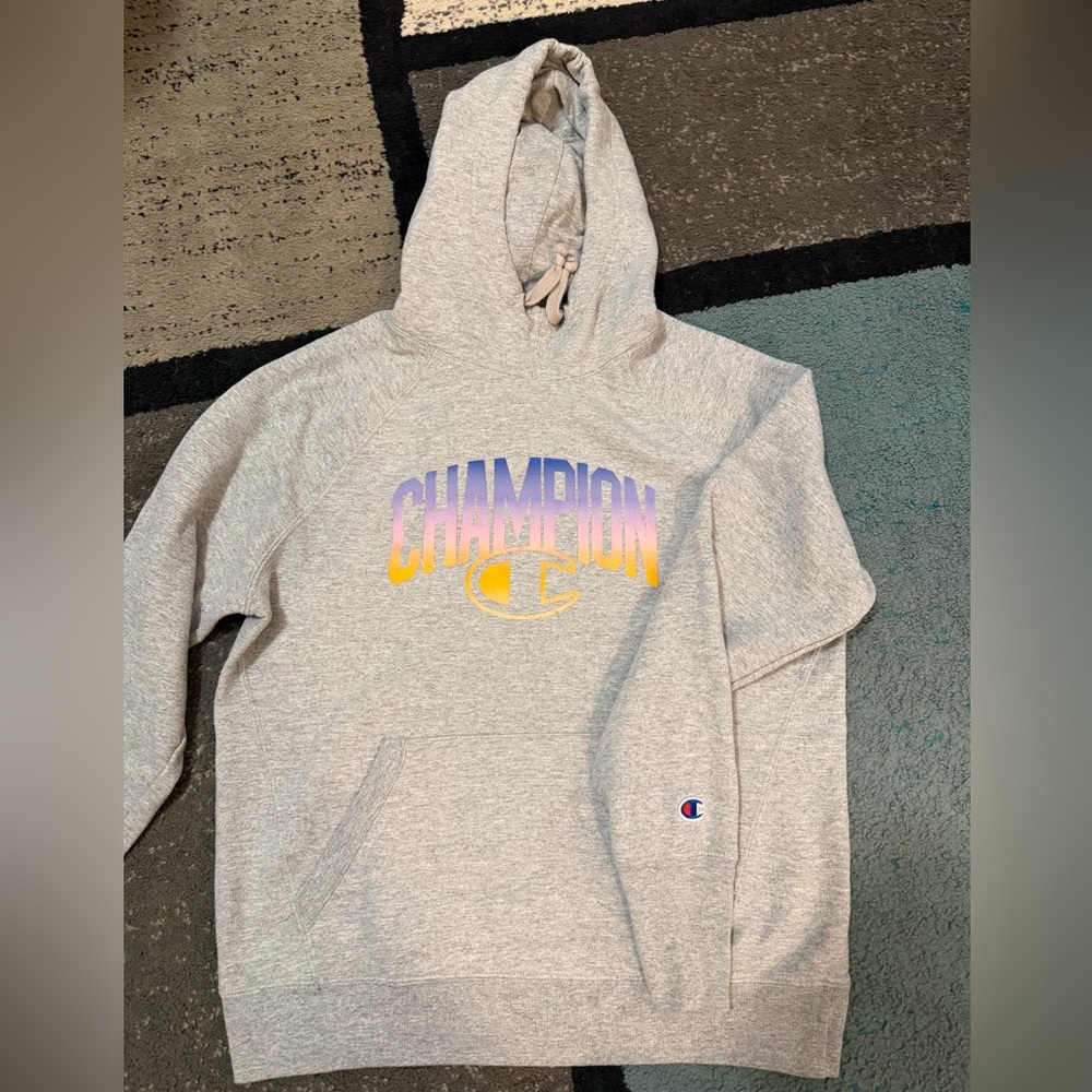Champion Gray Hoodie with Purple and Yellow Logo